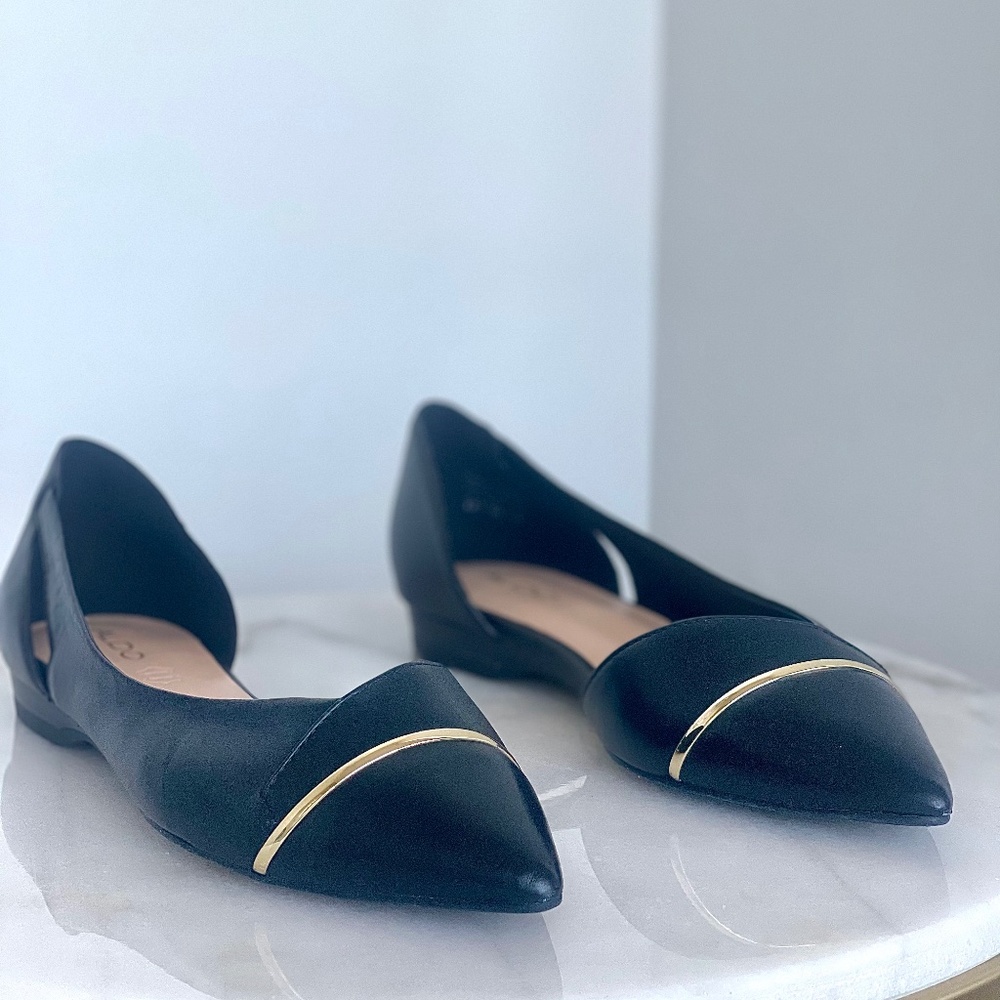Aldo Black Pointed Toe Flats with Gold Accent